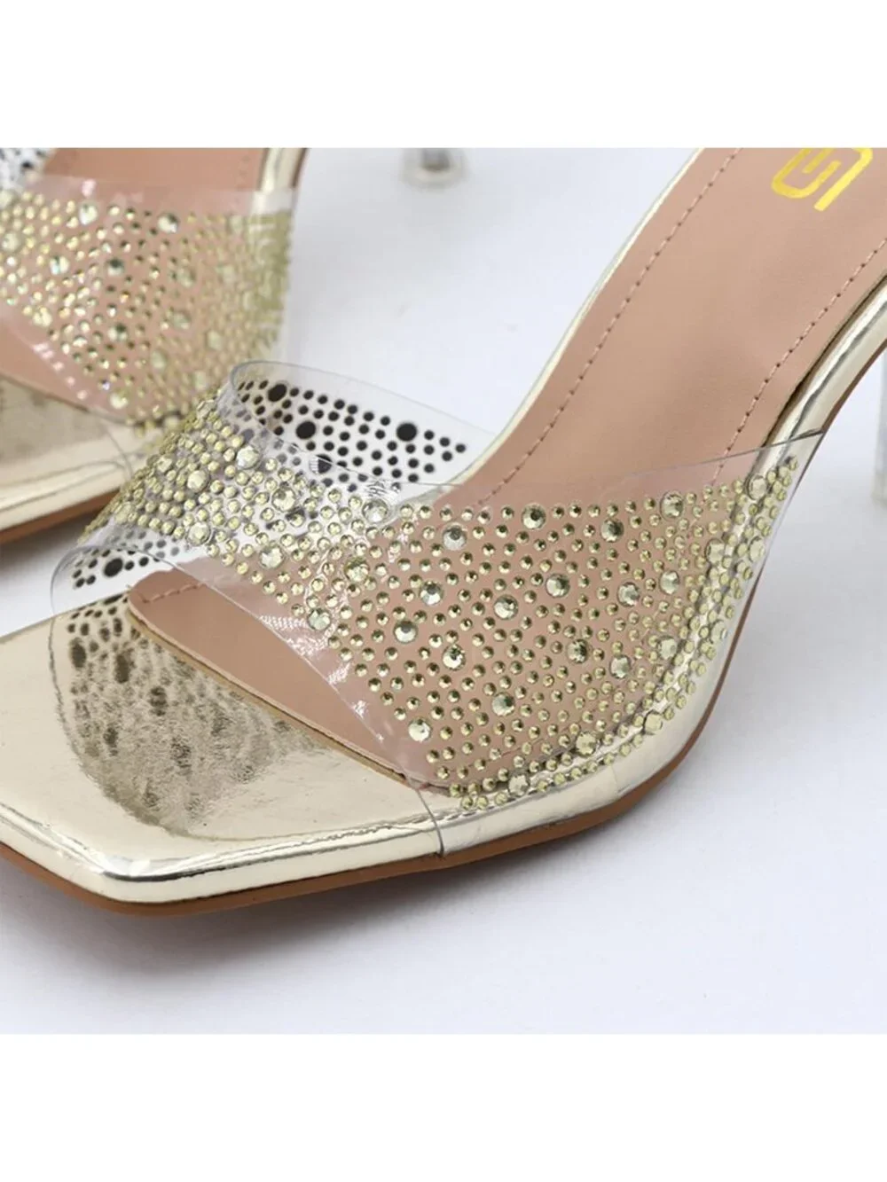 Women's Gold Rhinestone Stiletto Square Open Toe Backless High Heel Party Sandal